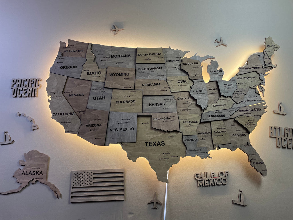 Drewniana mapa USA 3D LED, kolor Dark Nut