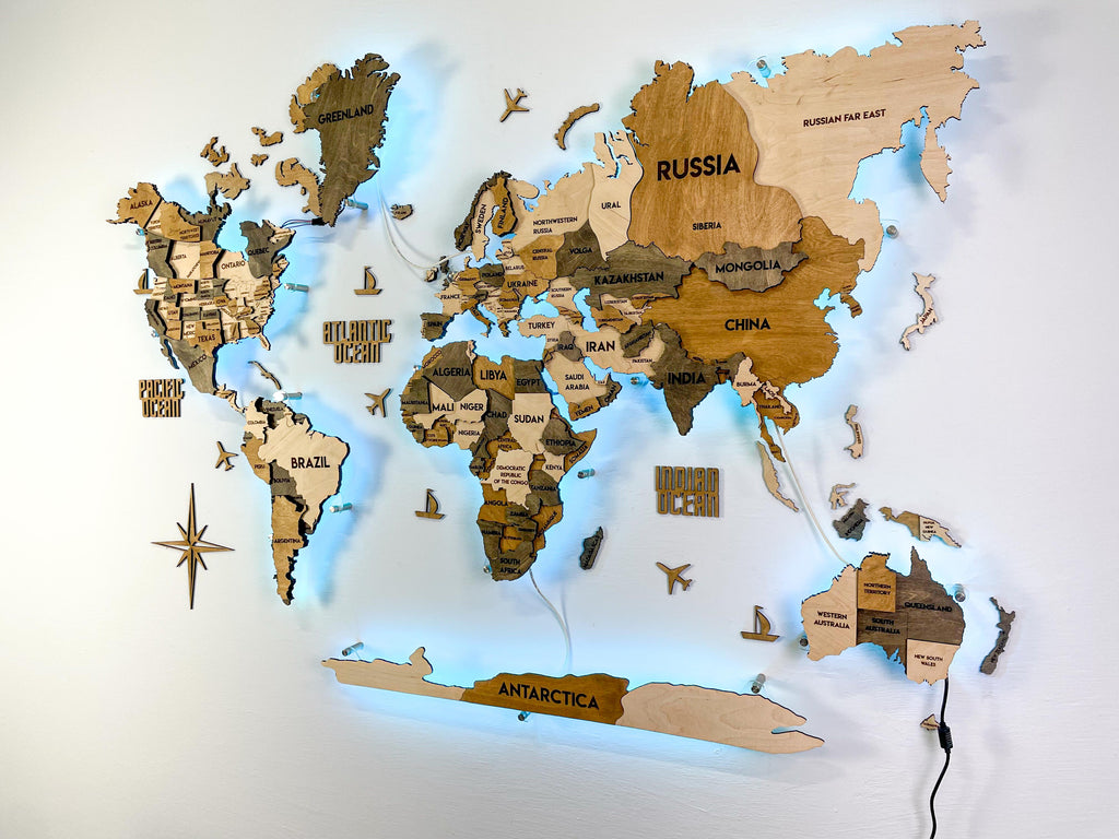 Drewniana wielowarstwowa mapa swiata 3D LED kolor Wonder