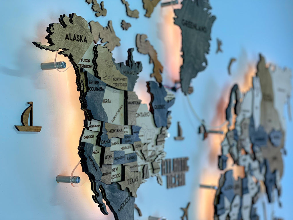 Drewniana wielowarstwowa mapa swiata 3D LED kolor Wonder