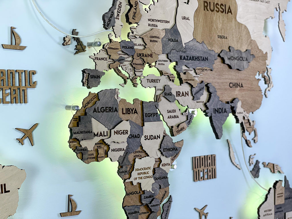 Drewniana wielowarstwowa mapa swiata 3D LED kolor Wonder