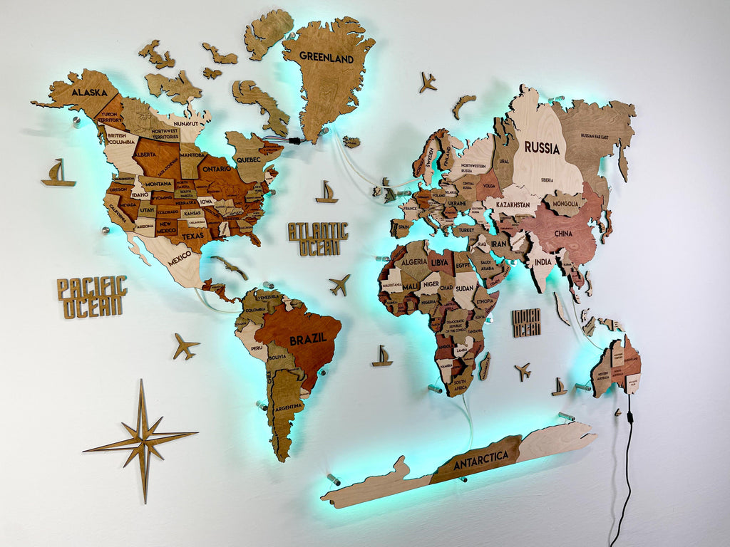 Drewniana wielowarstwowa mapa swiata 3D LED kolor Memphis