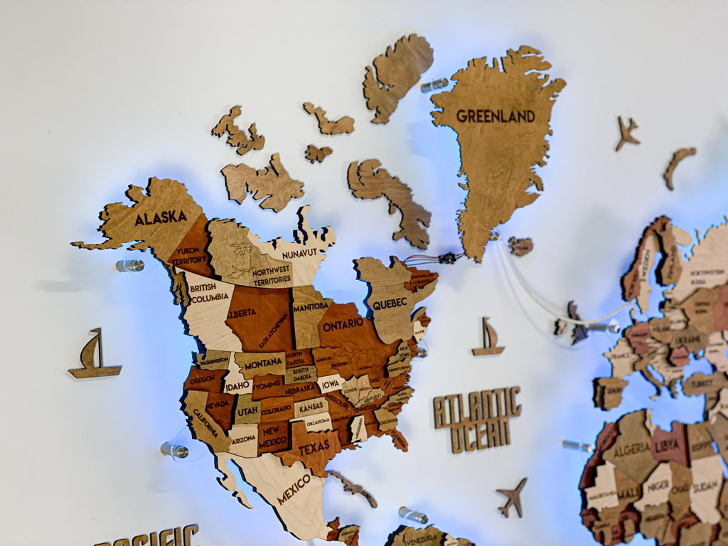 Drewniana wielowarstwowa mapa swiata 3D LED kolor Memphis