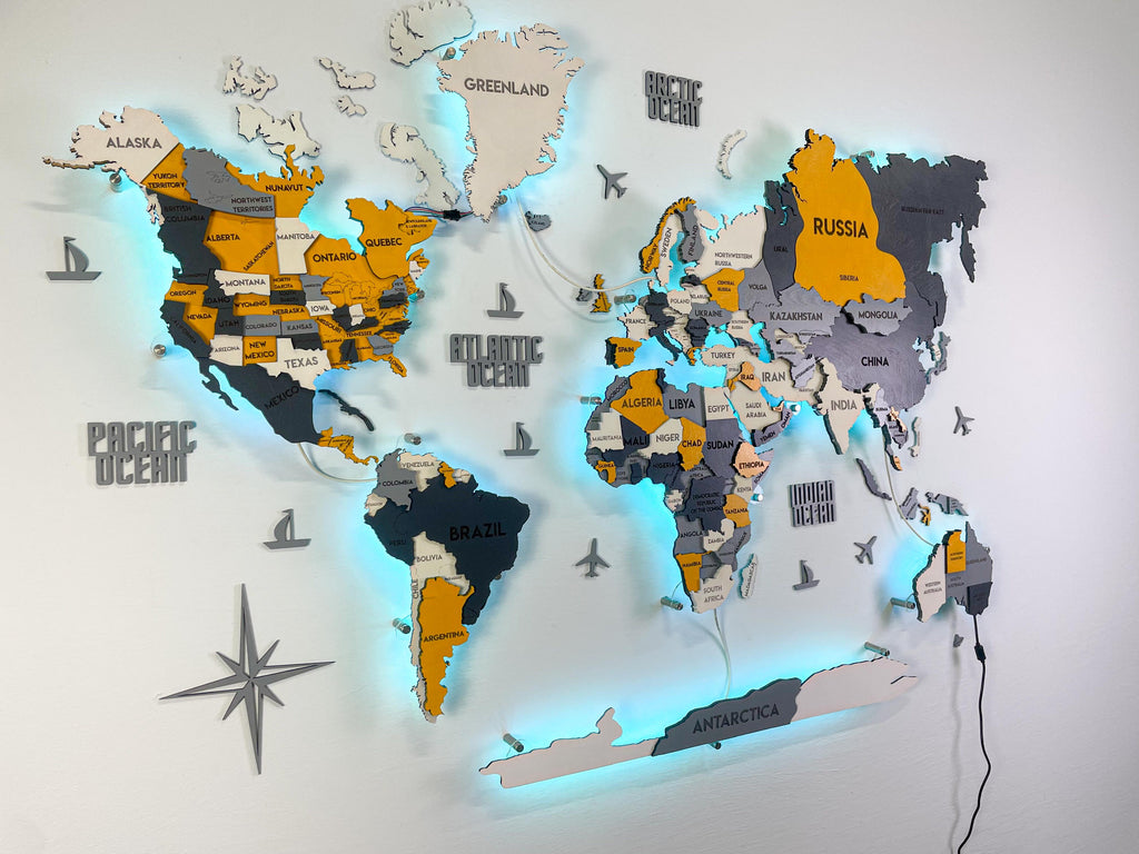 Drewniana wielowarstwowa mapa swiata 3D LED kolor Urban
