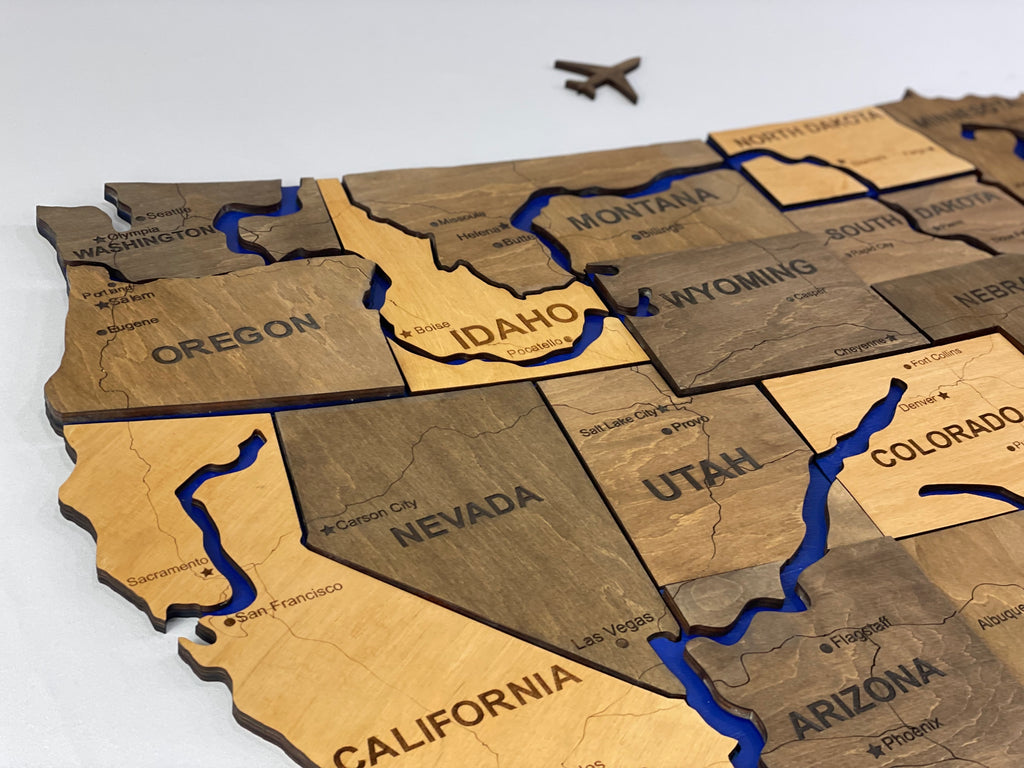 Drewniana mapa USA z rzekami, kolor Elis