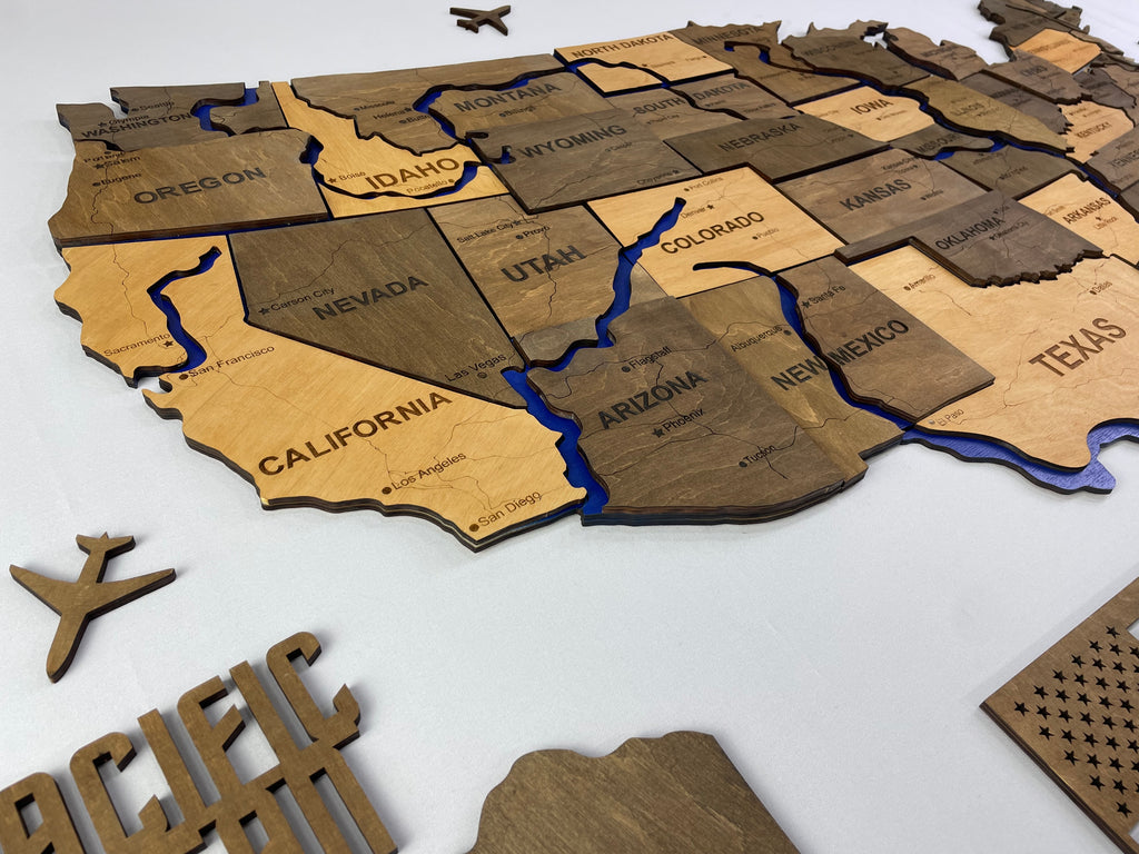 Drewniana mapa USA z rzekami, kolor Elis