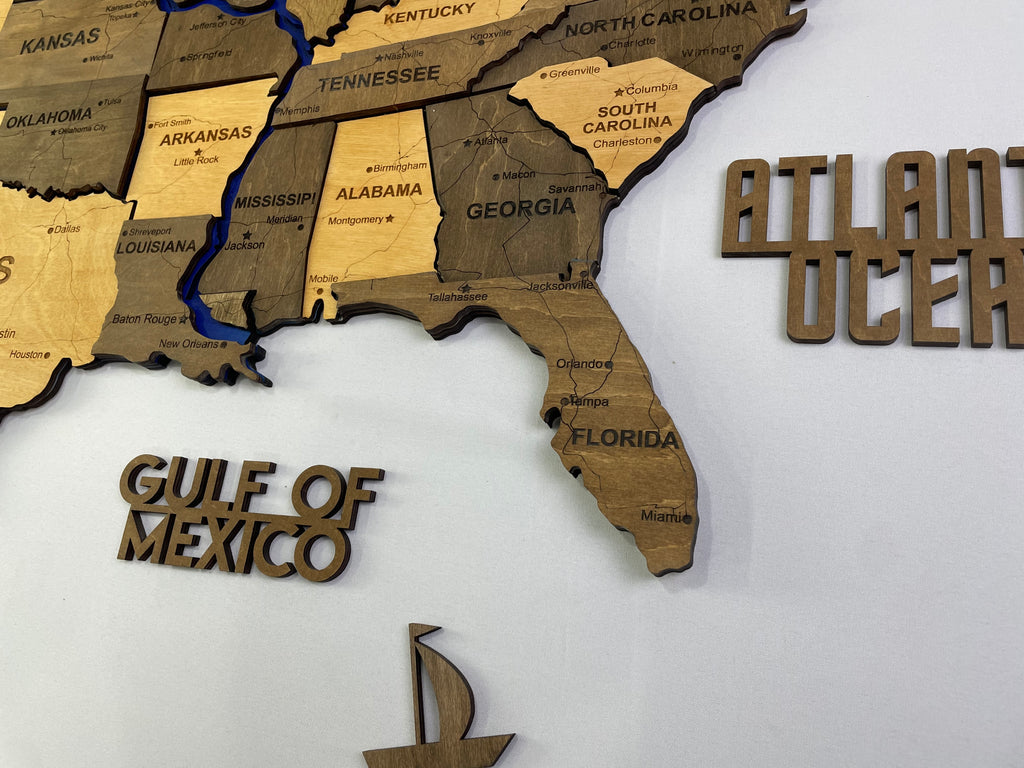 Drewniana mapa USA z rzekami, kolor Elis