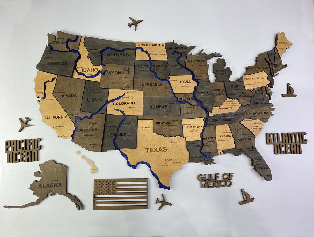 Drewniana mapa USA z rzekami, kolor Brut