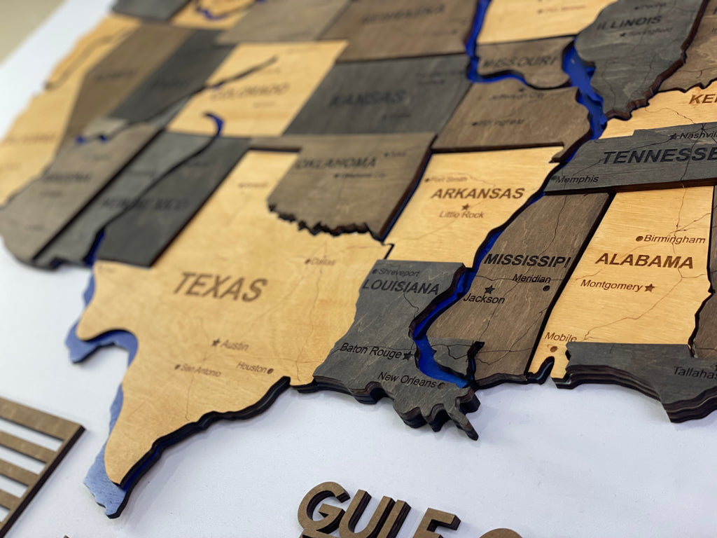 Drewniana mapa USA z rzekami, kolor Brut