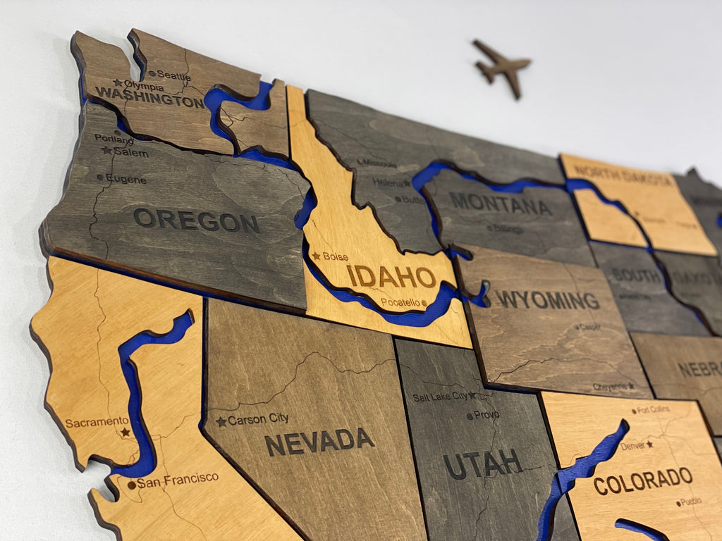 Drewniana mapa USA z rzekami, kolor Brut