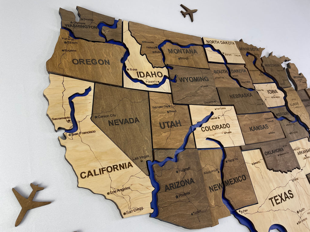 Drewniana mapa USA z rzekami, kolor Wonder