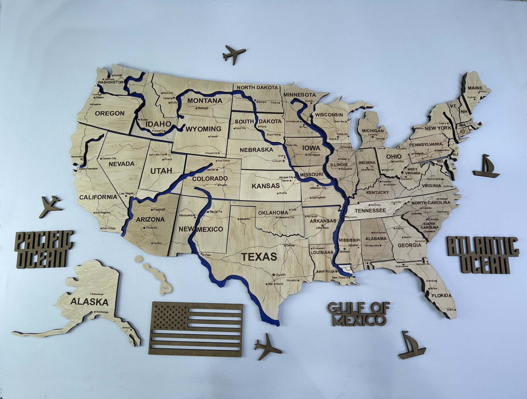 Drewniana mapa USA z rzekami, kolor Natural
