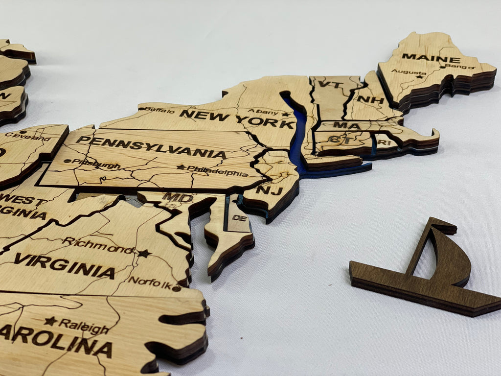 Drewniana mapa USA z rzekami, kolor Natural