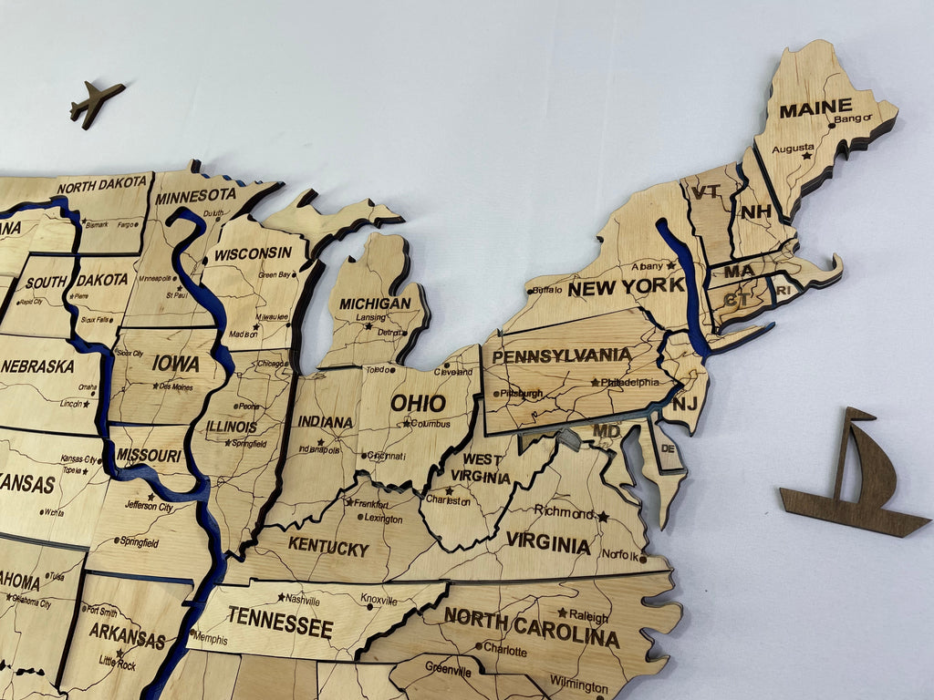 Drewniana mapa USA z rzekami, kolor Natural
