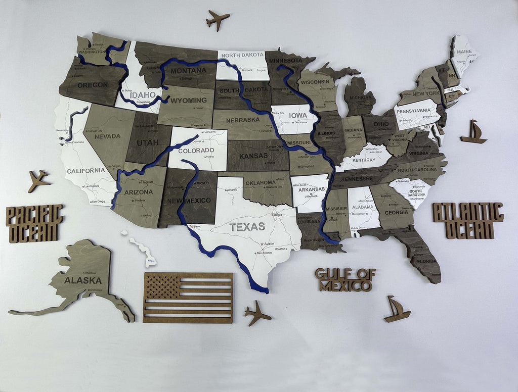 Drewniana mapa USA z rzekami, kolor Czarno-bialy