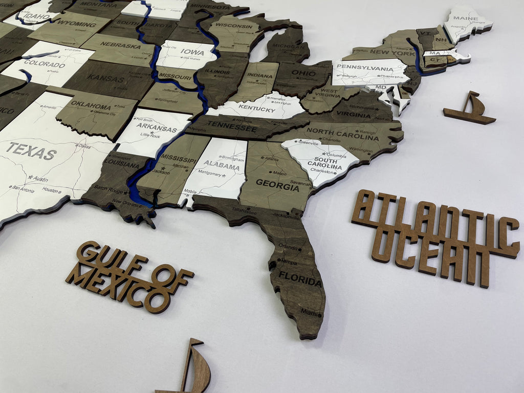 Drewniana mapa USA z rzekami, kolor Czarno-bialy