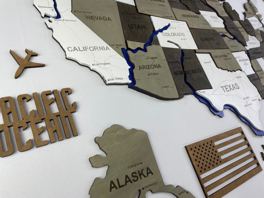 Drewniana mapa USA z rzekami, kolor Czarno-bialy