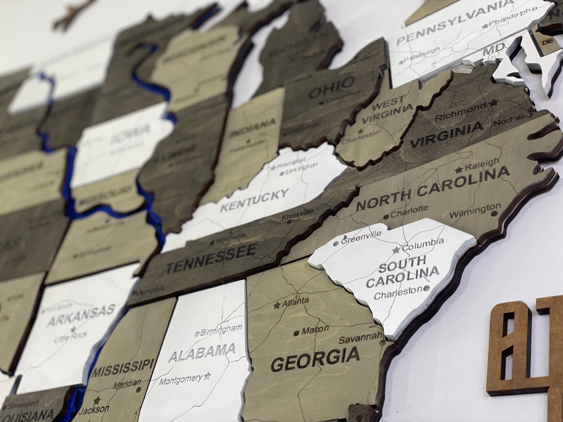 Drewniana mapa USA z rzekami, kolor Czarno-bialy