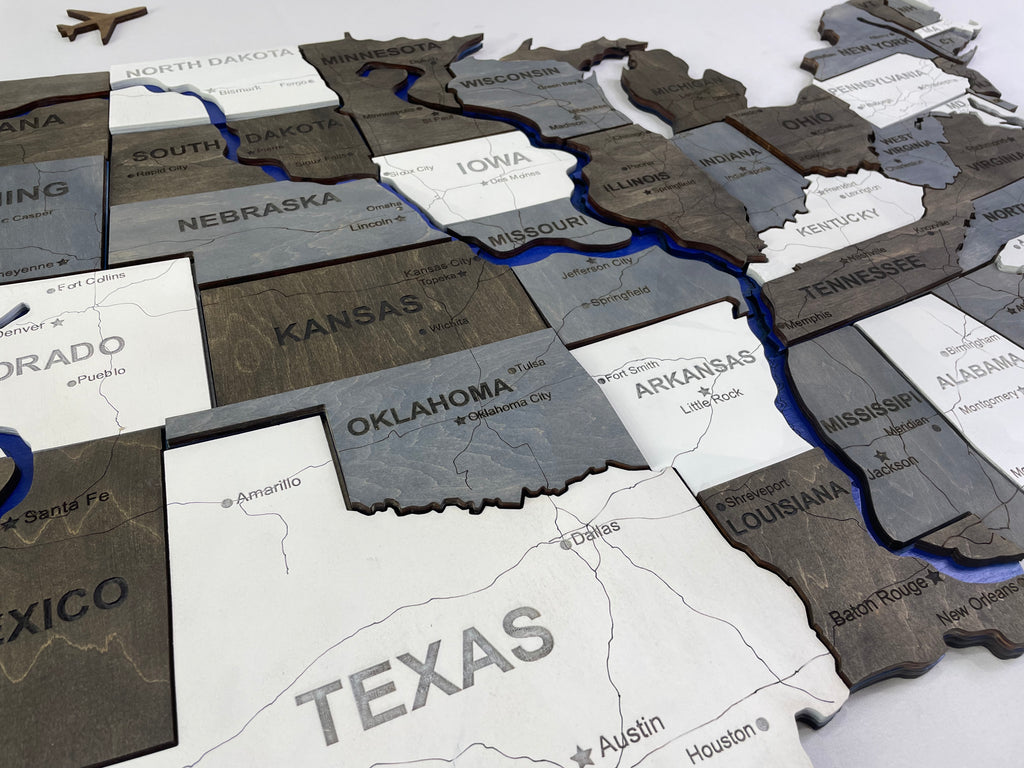 Drewniana mapa USA z rzekami, kolor Loft
