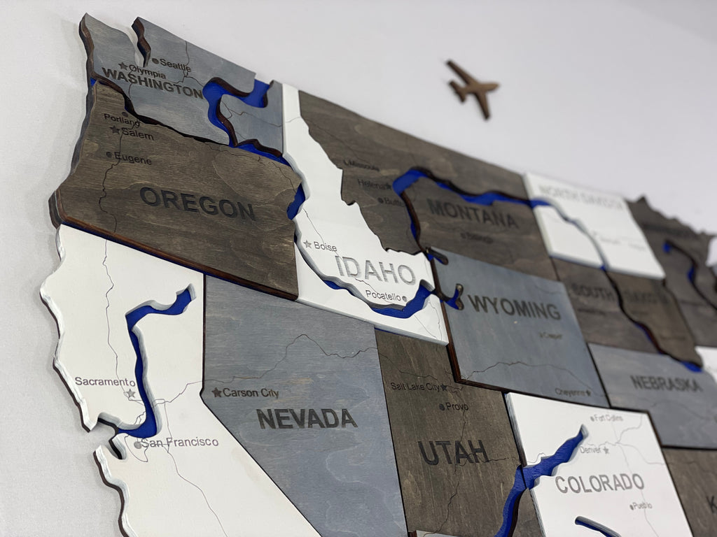 Drewniana mapa USA z rzekami, kolor Loft