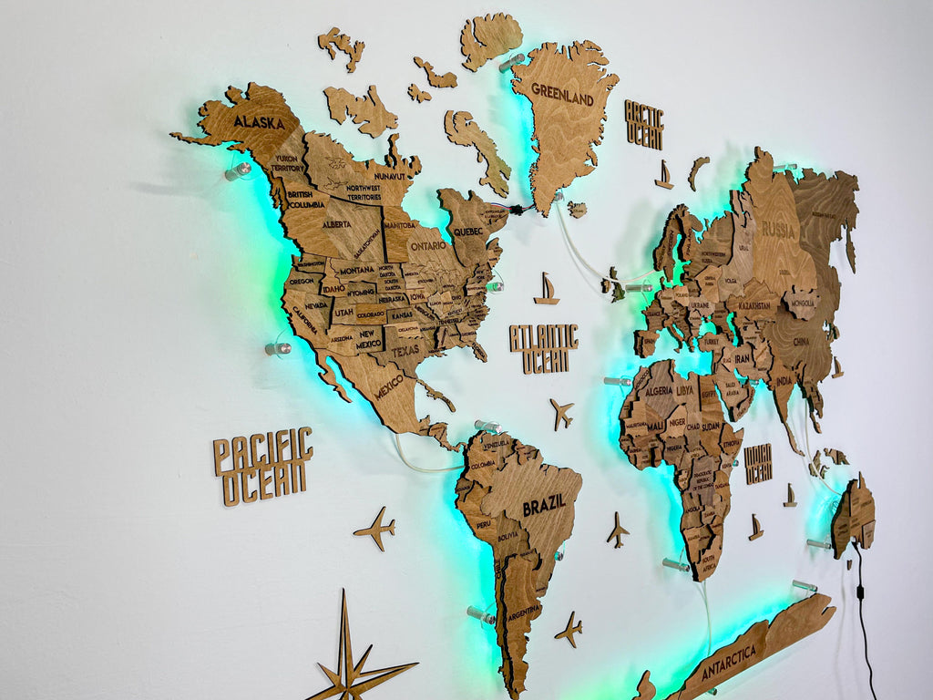 Drewniana wielowarstwowa mapa swiata 3D LED kolor Brown
