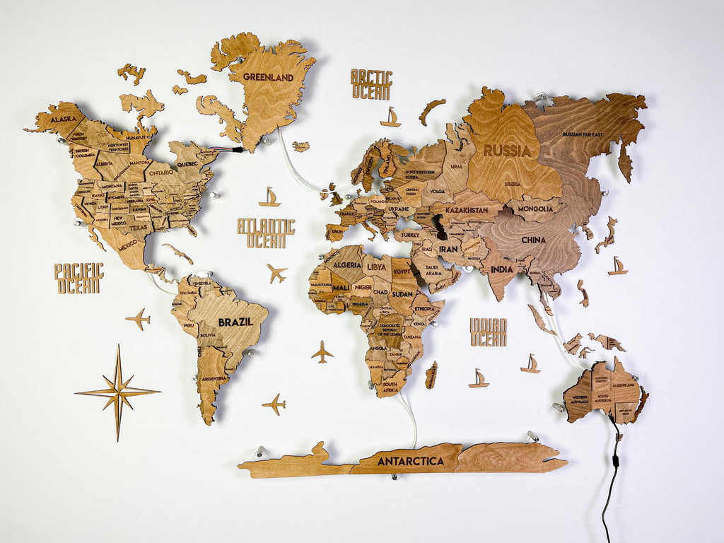 Drewniana wielowarstwowa mapa swiata 3D LED kolor Brown