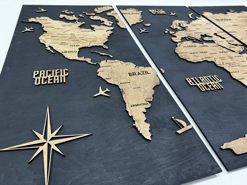 Panel 6 — Drewniana mapa świata na ścianę z oświetleniem LED