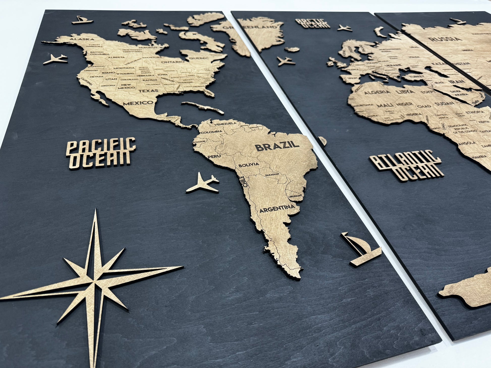 Panel 6 — Drewniana mapa świata na ścianę z oświetleniem LED
