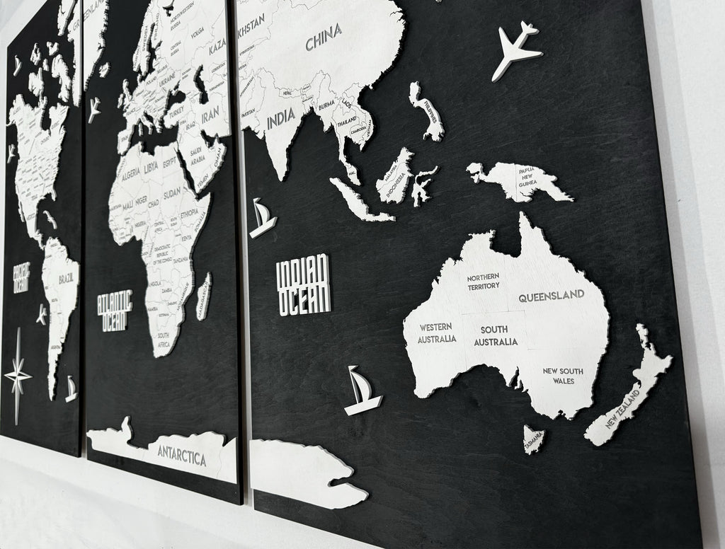 Panel 5 — Drewniana mapa świata na ścianę z oświetleniem LED