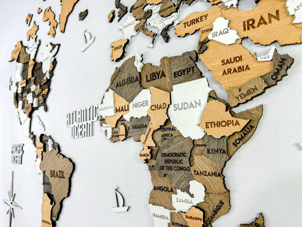 Drewniana wielowarstwowa mapa swiata 3D kolor Capucino