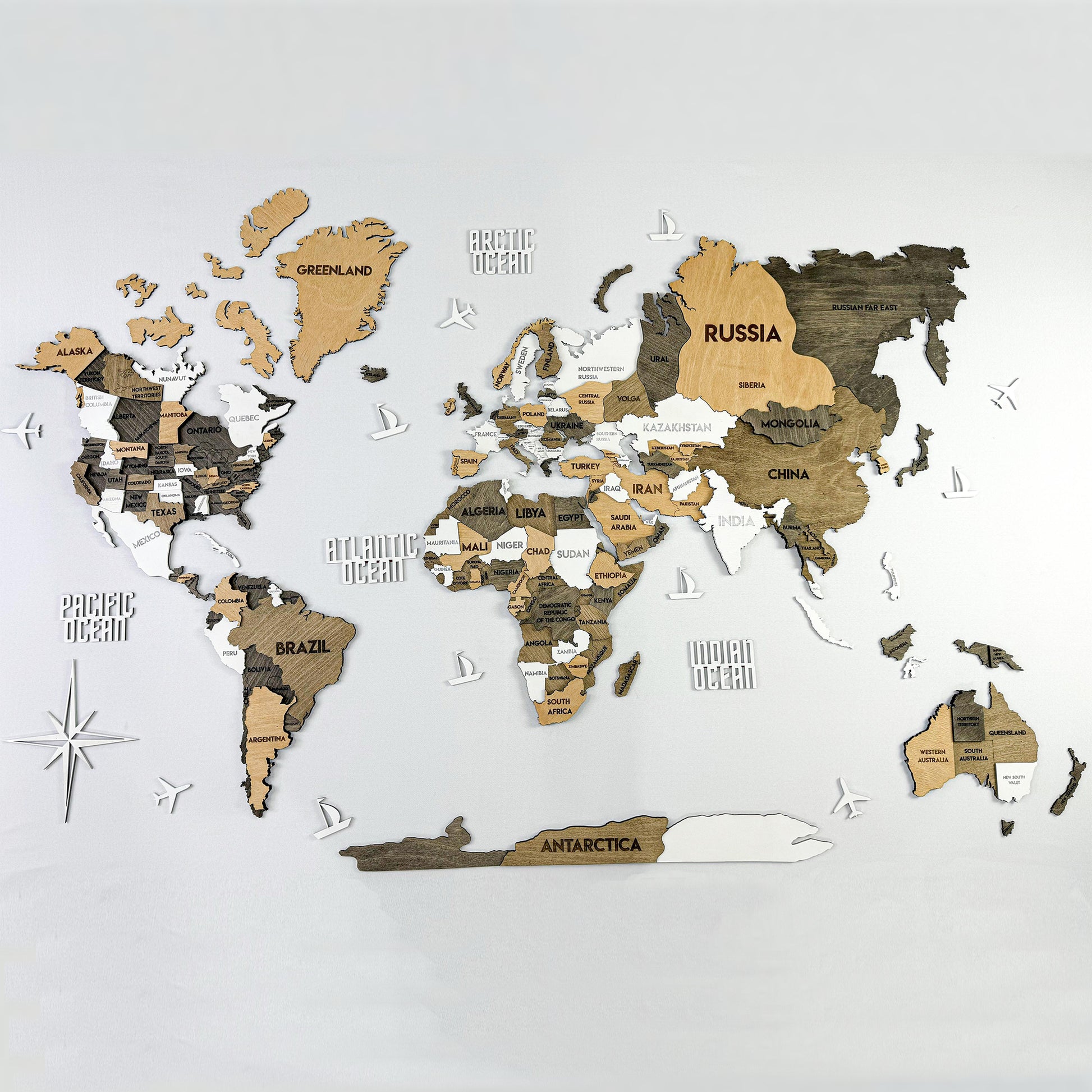 Drewniana wielowarstwowa mapa swiata 3D kolor Capucino