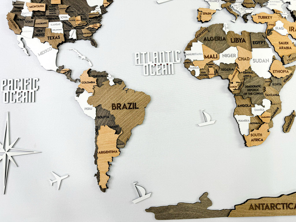 Drewniana wielowarstwowa mapa swiata 3D kolor Capucino
