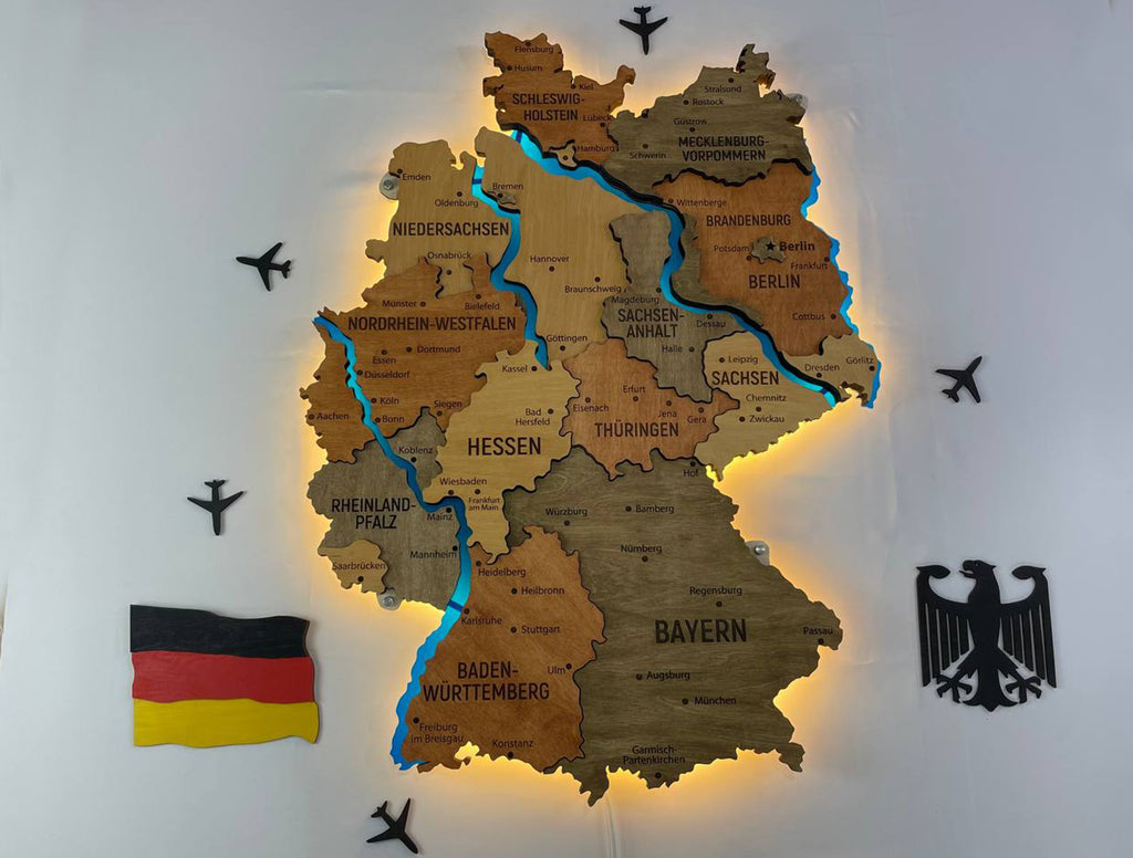 Akrylowa mapa Niemiec z rzekami kolor Warm