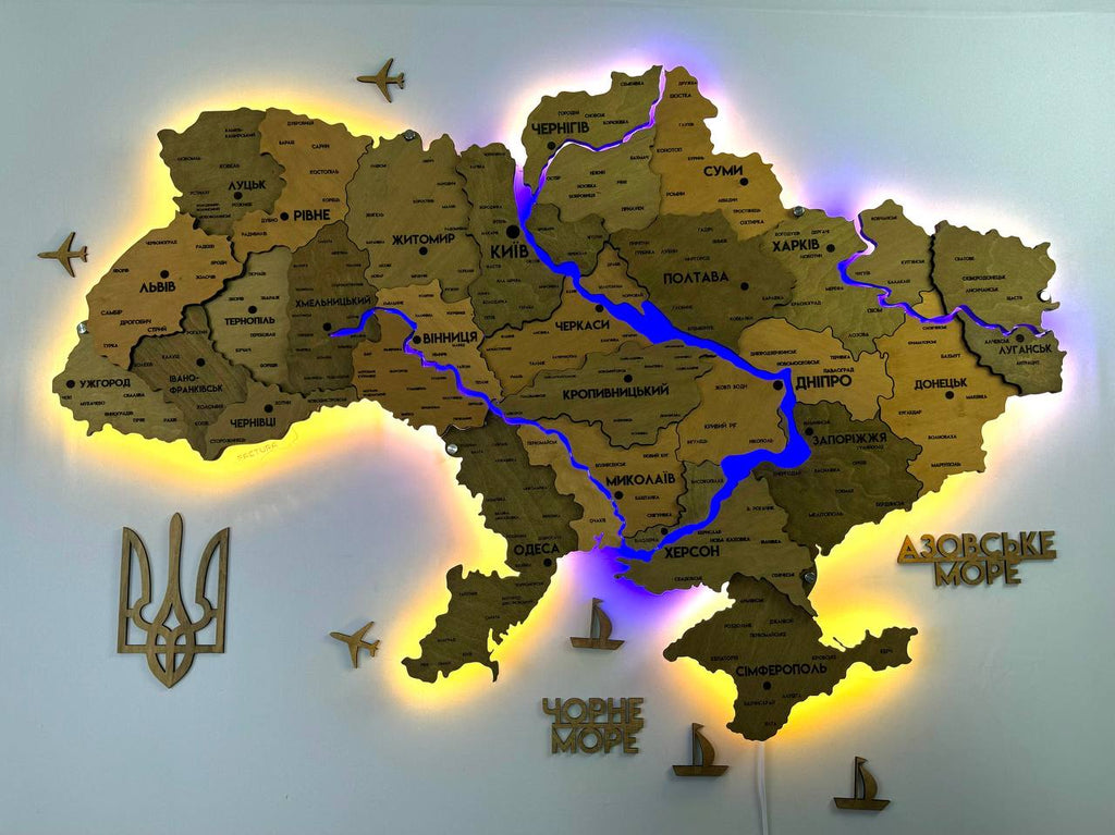 Szczegółowa wielowarstwowa mapa Ukrainy LED z podświetleniem rzek kolor Light Tree