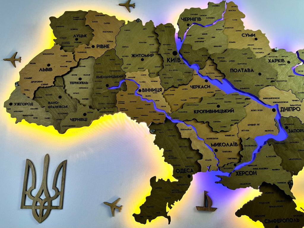 Szczegółowa wielowarstwowa mapa Ukrainy LED z podświetleniem rzek kolor Light Tree