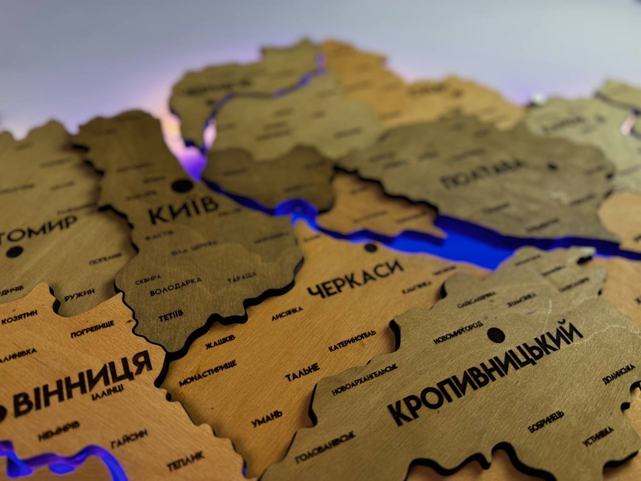 Szczegółowa wielowarstwowa mapa Ukrainy LED z podświetleniem rzek kolor Light Tree