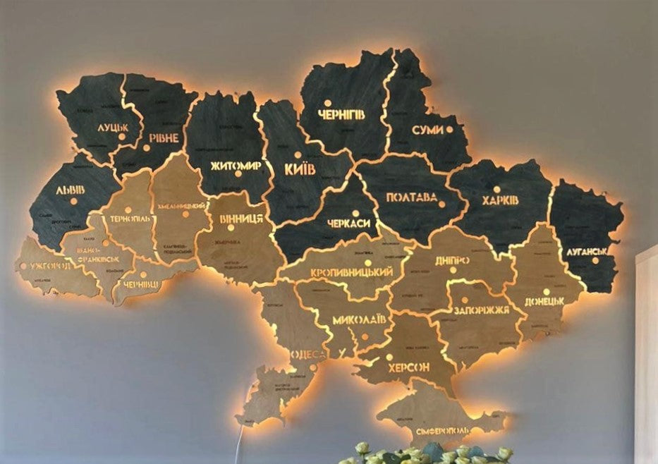 Mapa Ukrainy LED na szkle akrylowym z podświetleniem między regionami kolor Flag 2