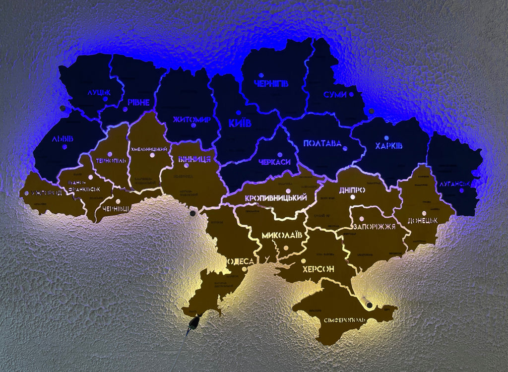 Mapa Ukrainy LED na szkle akrylowym z podświetleniem między regionami kolor Flag 1