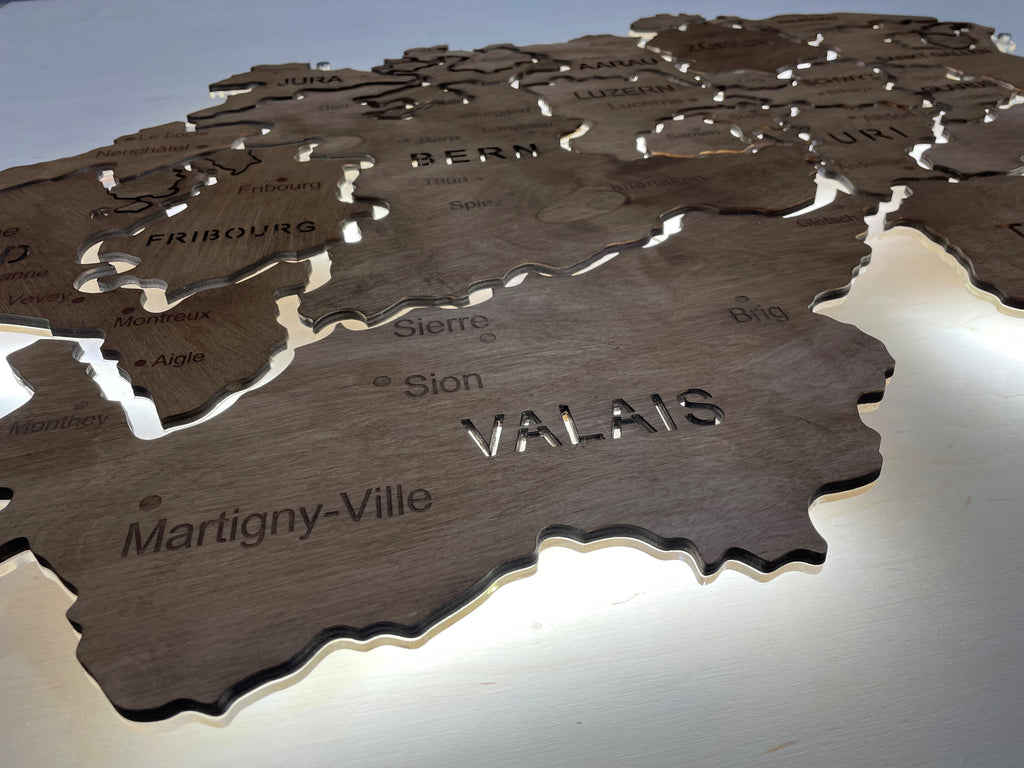 Mapa Szwajcarii LED na szkle akrylowym z podświetleniem między kantonami kolor Rosewood