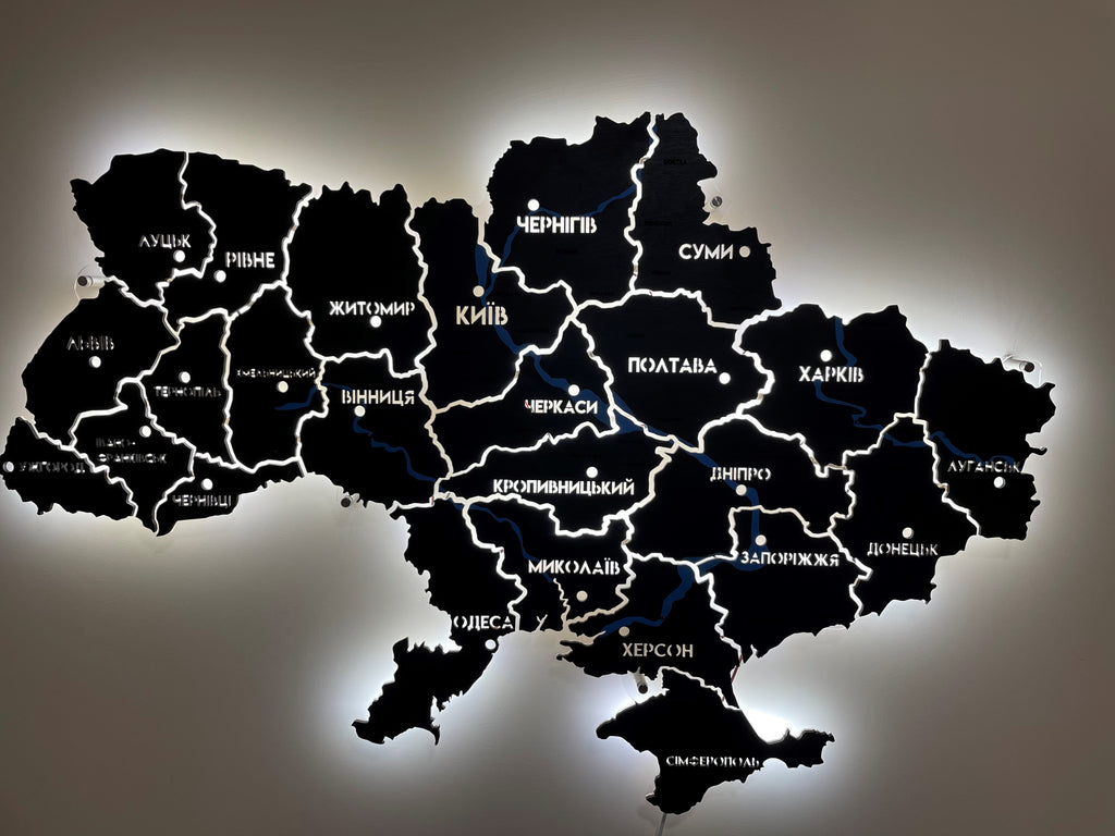 Mapa Ukrainy LED na szkle akrylowym z rzekami i podświetleniem między regionami kolor Black