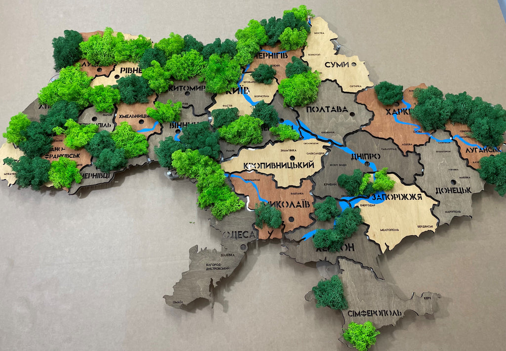 Mapa Ukrainy LED na szkle akrylowym z rzekami, mchem i podświetleniem między regionami kolor Warm