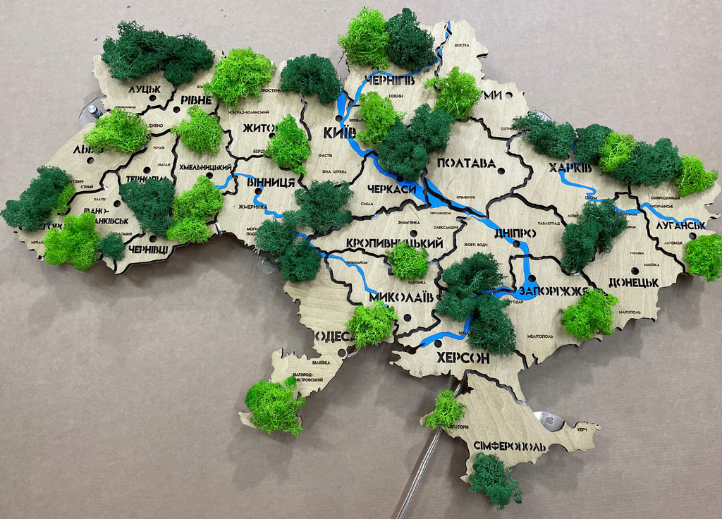 Mapa Ukrainy LED na szkle akrylowym z rzekami, mchem i podświetleniem między regionami kolor Oak