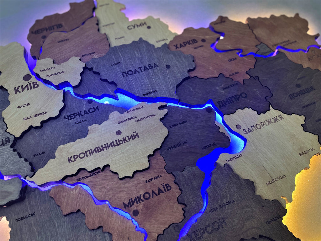 Wielowarstwowa mapa Ukrainy LED z podświetleniem rzek kolor Warm