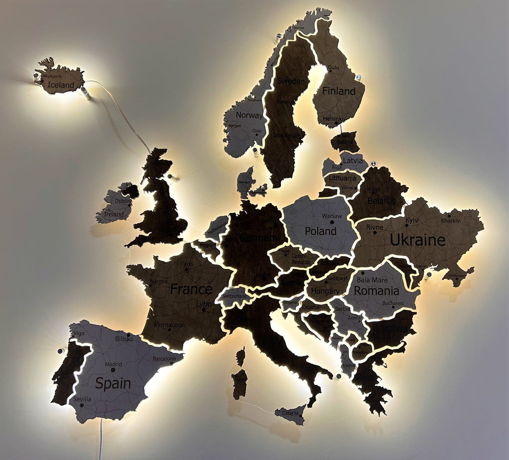 Mapa Europy LED na szkle akrylowym z podświetleniem między krajami kolor Terra