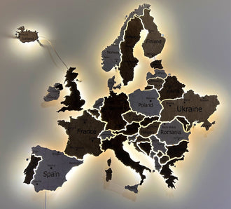 Mapa Europy LED na szkle akrylowym z podświetleniem między krajami kolor Terra
