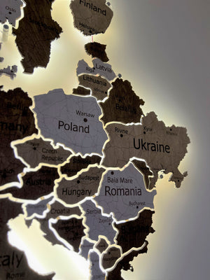 Mapa Europy LED na szkle akrylowym z podświetleniem między krajami kolor Terra