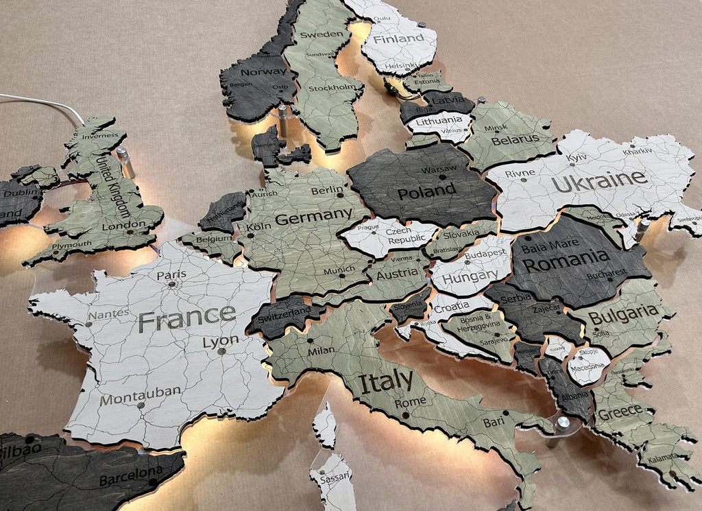 Mapa Europy LED na szkle akrylowym z podświetleniem między krajami kolor Verde