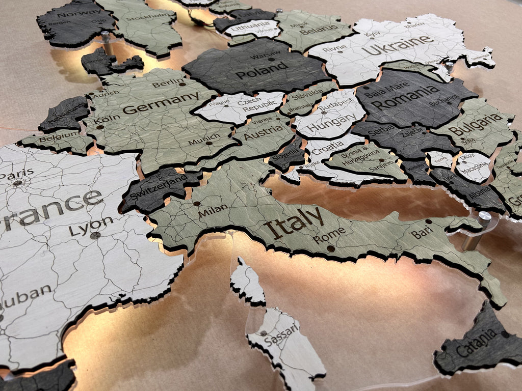 Mapa Europy LED na szkle akrylowym z podświetleniem między krajami kolor Verde