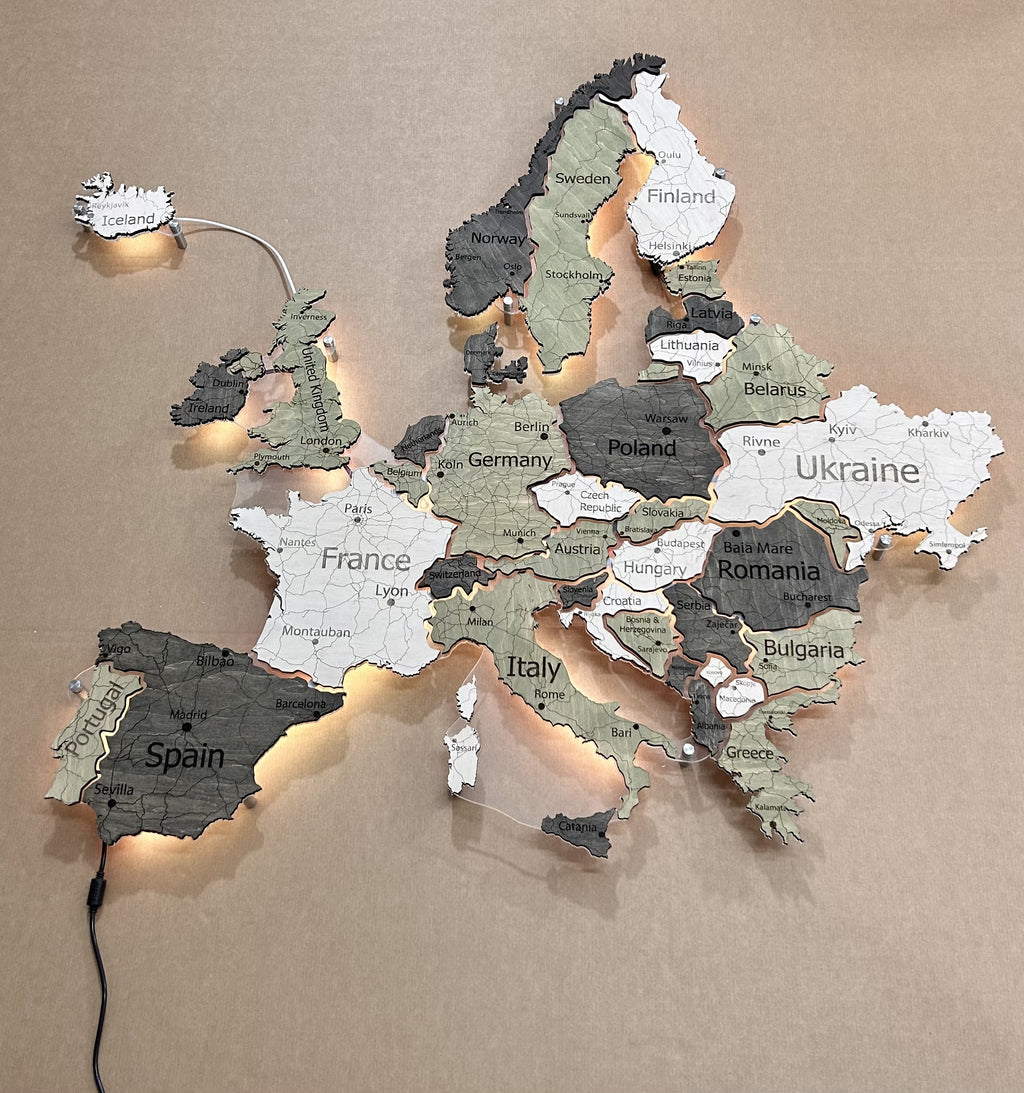 Mapa Europy LED na szkle akrylowym z podświetleniem między krajami kolor Verde