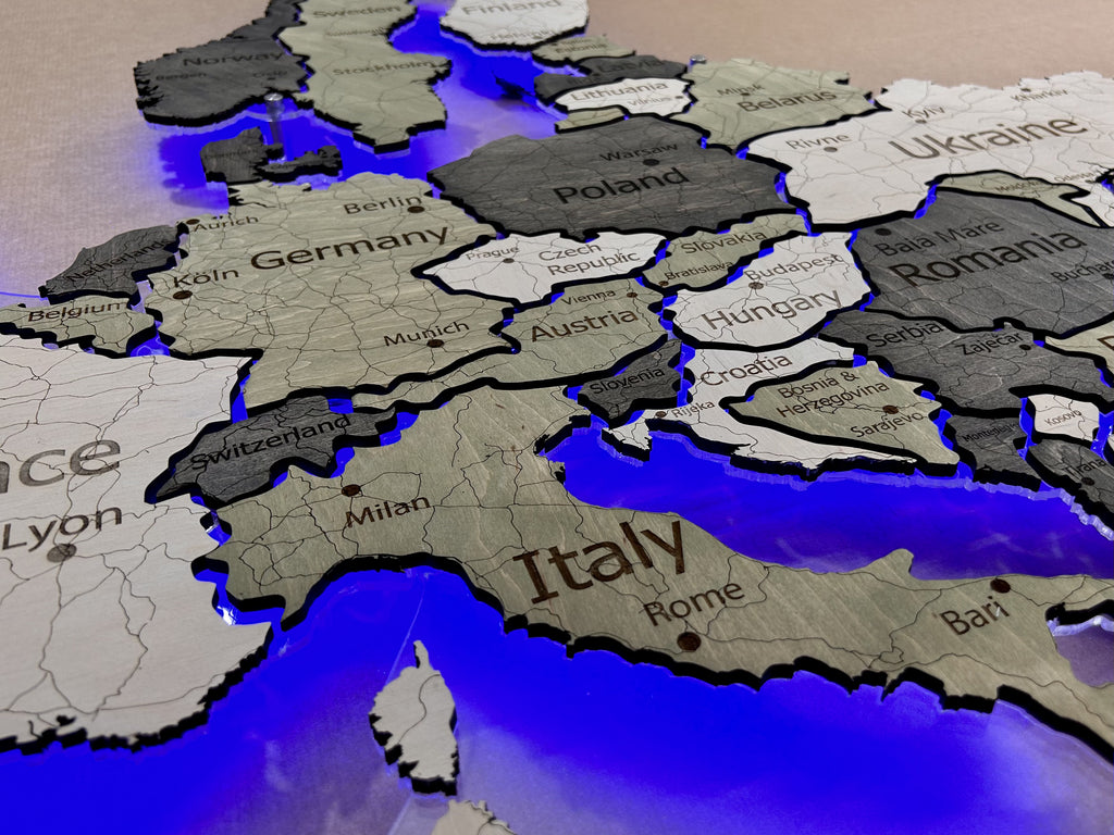 Mapa Europy LED RGB na szkle akrylowym z podświetleniem między krajami kolor Verde