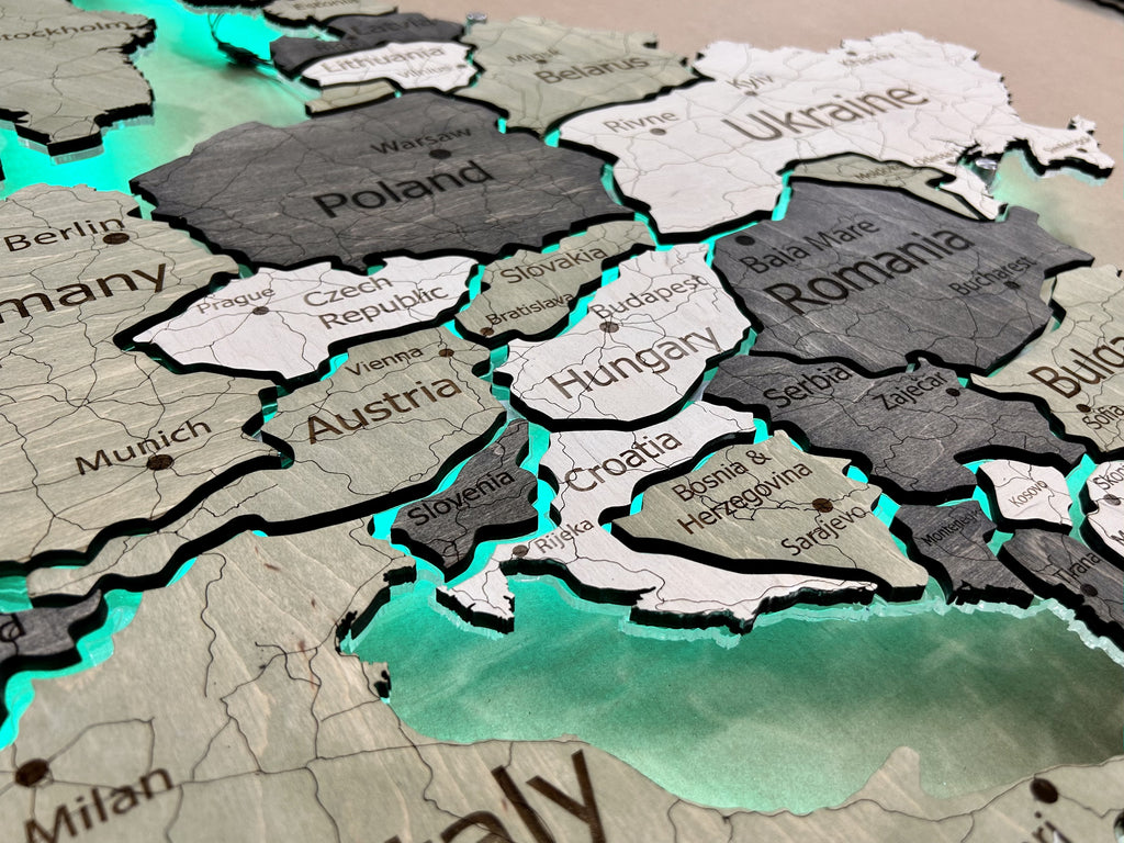Mapa Europy LED RGB na szkle akrylowym z podświetleniem między krajami kolor Verde